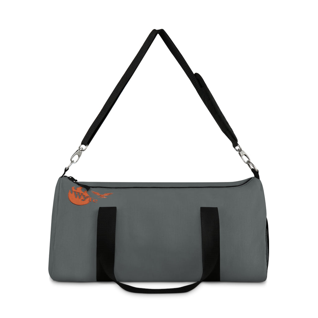 Gray Duffel Bag with Orange Flame Logo – Travel & Gym Carryall