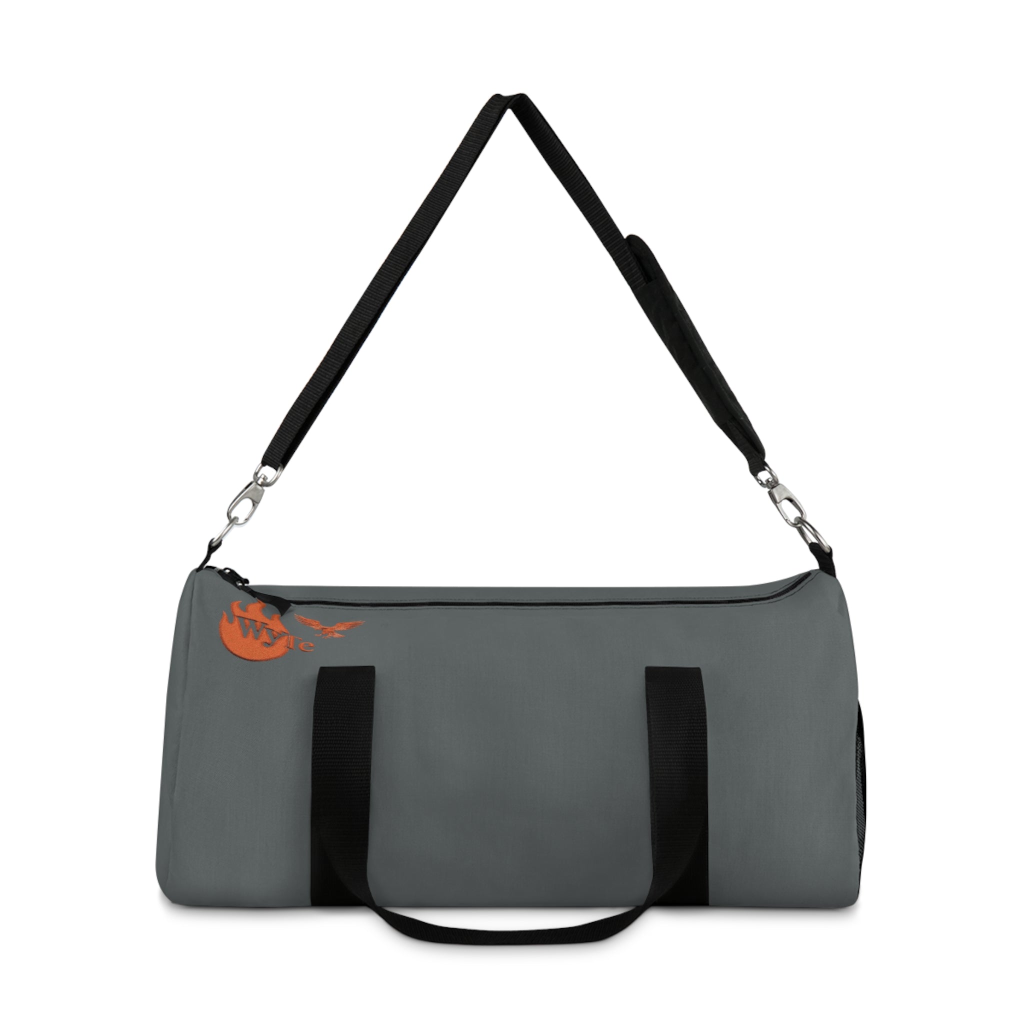 Gray Duffel Bag with Orange Flame Logo – Travel & Gym Carryall