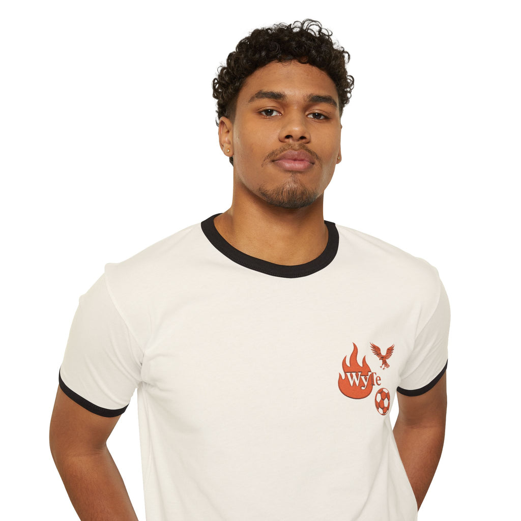 WyTe Flame & Eagle Soccer Ringer T‑Shirt — 'WYC' Pocket Graphic