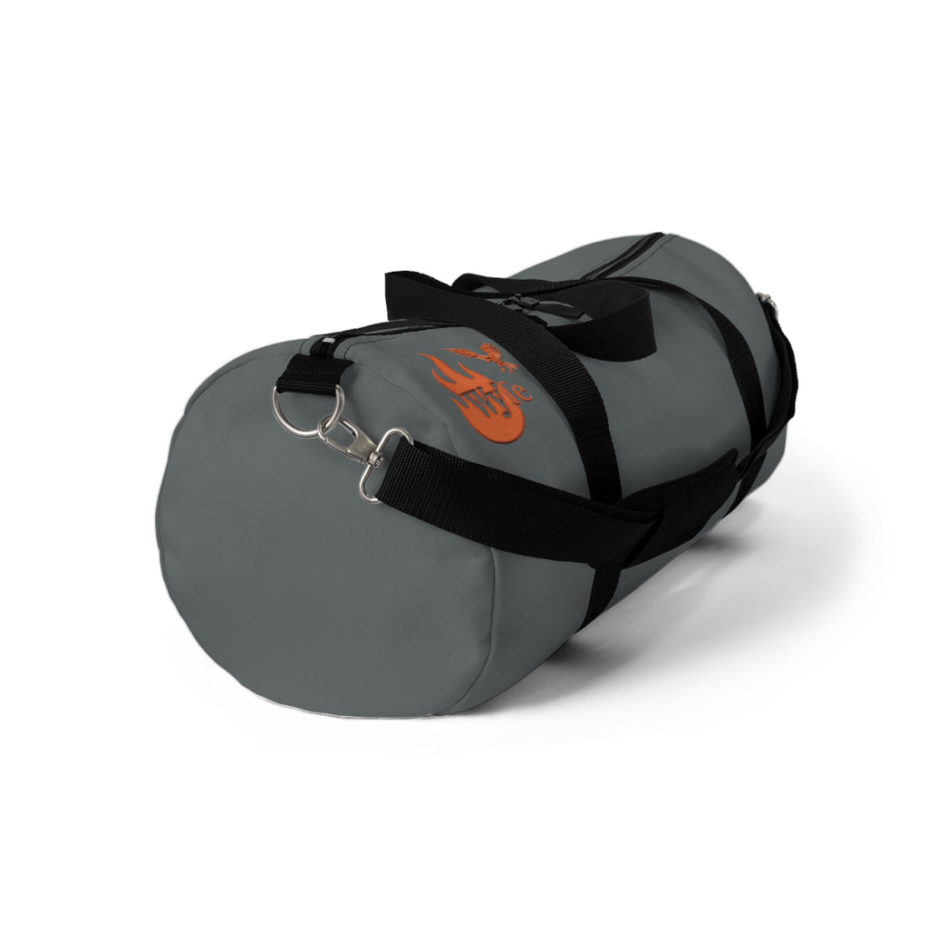 Gray Duffel Bag with Orange Flame Logo – Travel & Gym Carryall