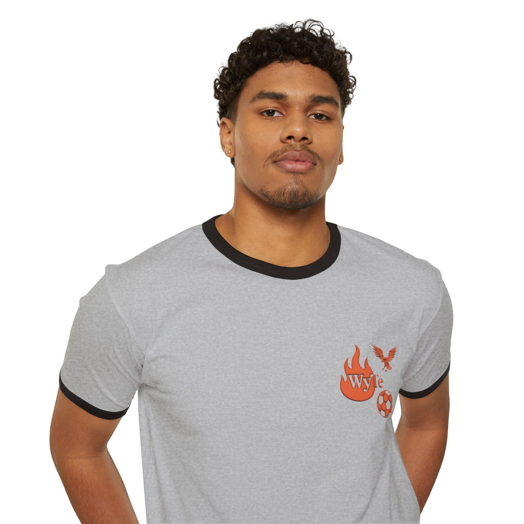 WyTe Flame & Eagle Soccer Ringer T‑Shirt — 'WYC' Pocket Graphic