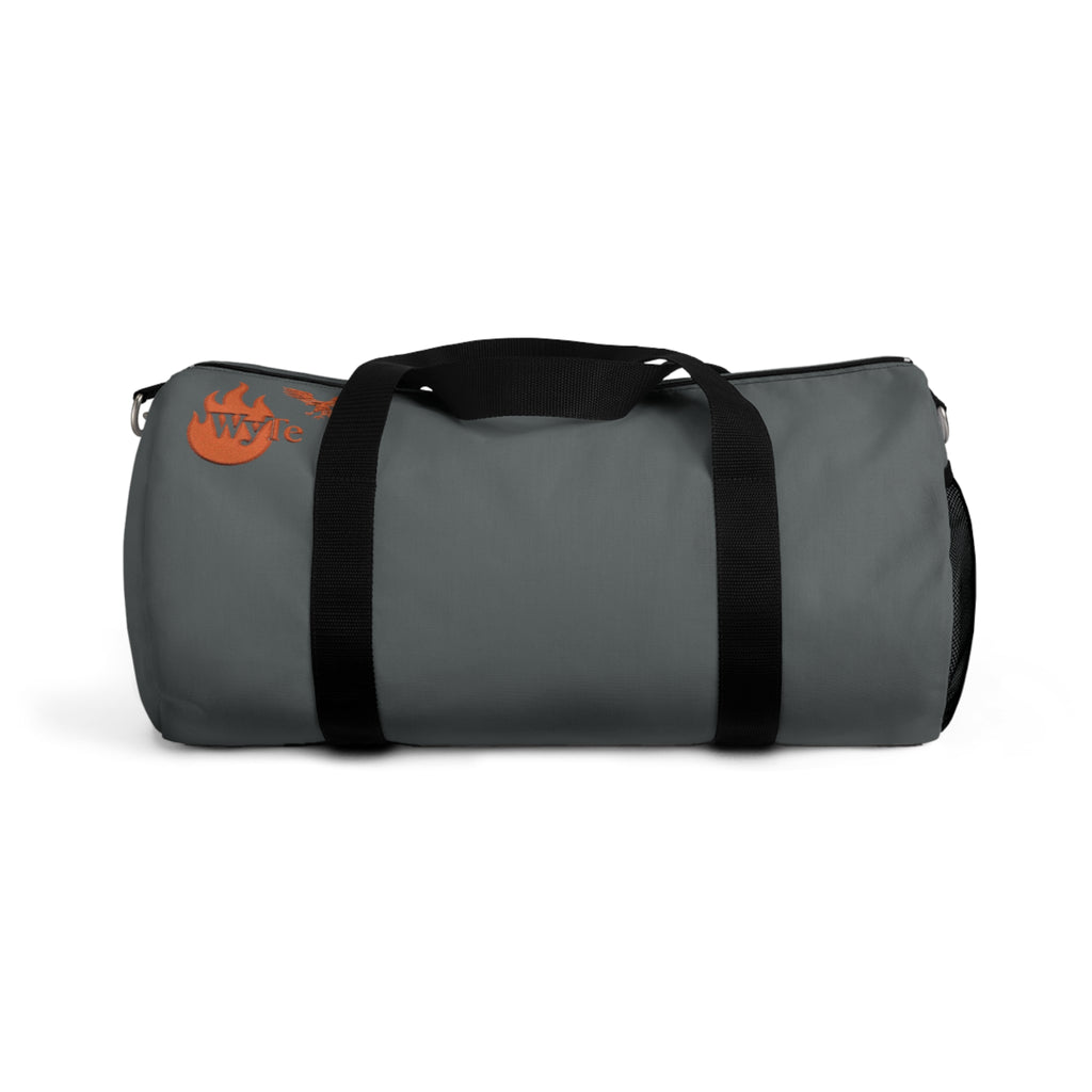 Gray Duffel Bag with Orange Flame Logo – Travel & Gym Carryall