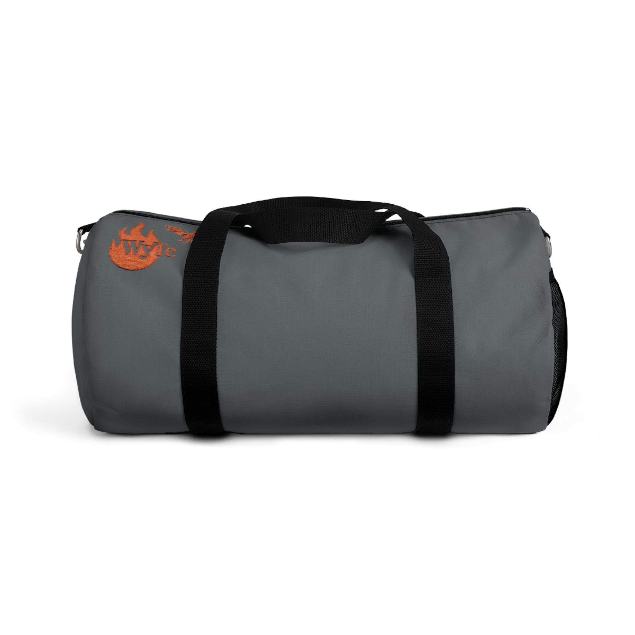 Gray Duffel Bag with Orange Flame Logo – Travel & Gym Carryall