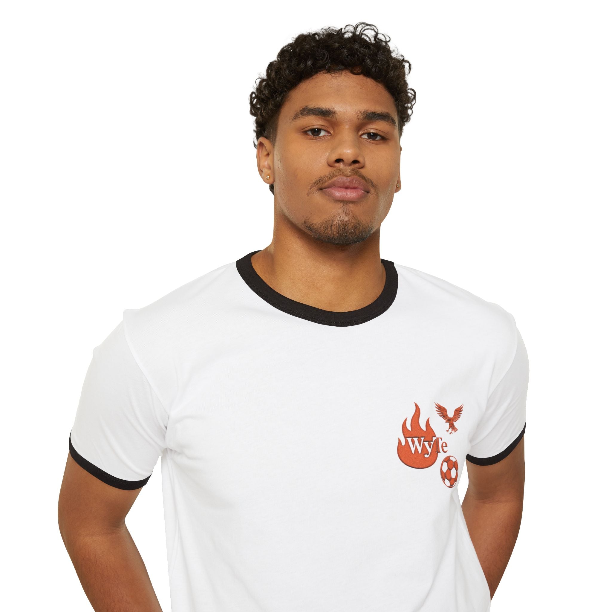WyTe Flame & Eagle Soccer Ringer T‑Shirt — 'WYC' Pocket Graphic